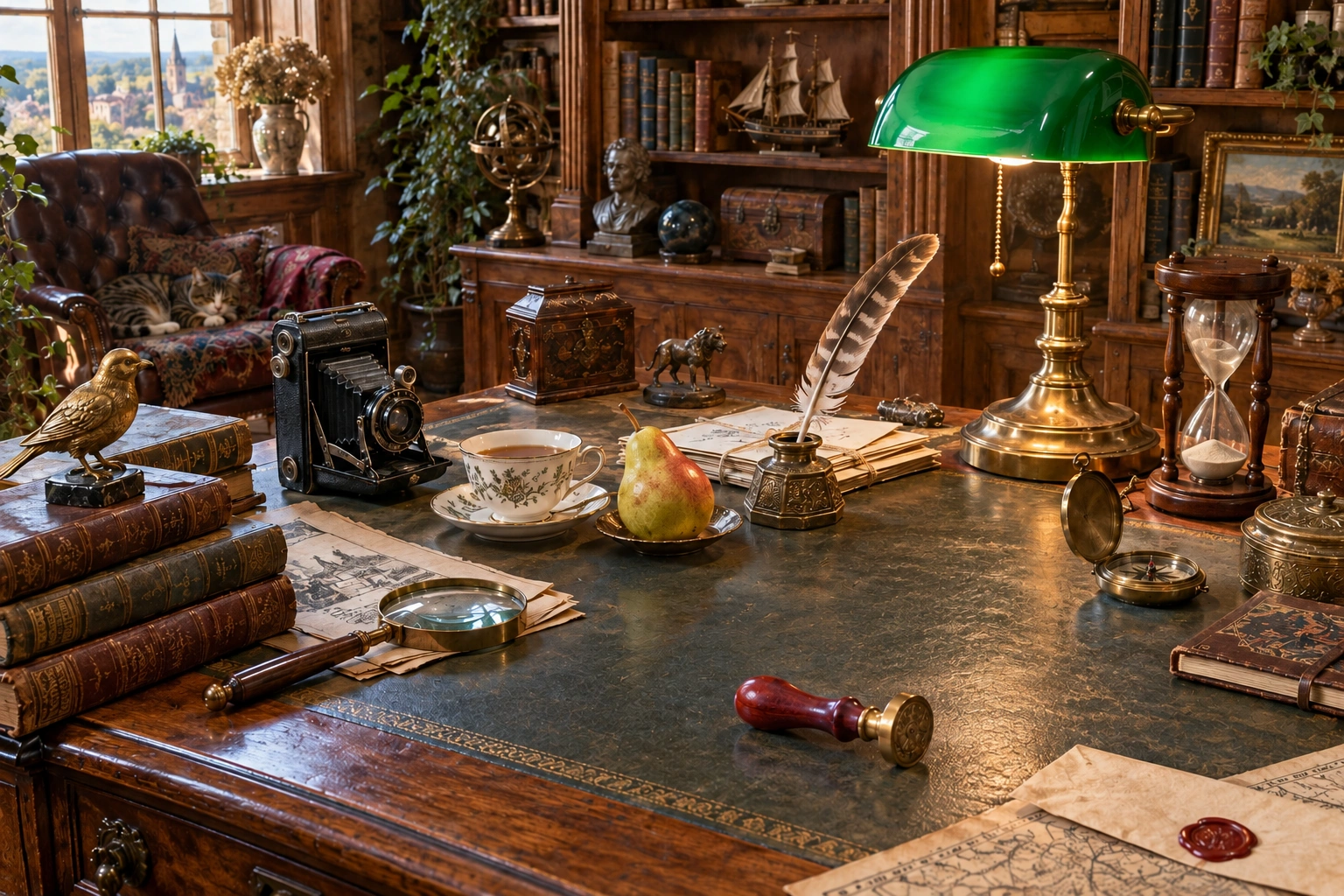 An antique study filled with books and objects in warm afternoon sunlight
